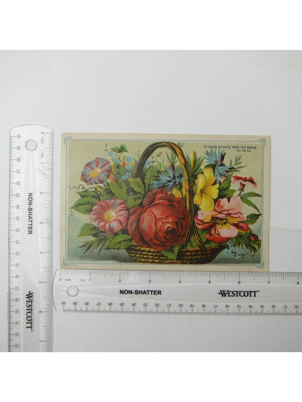 Victorian Greeting Card Basket Flowers Red Rose Pink Yellow Blue Floral Antique